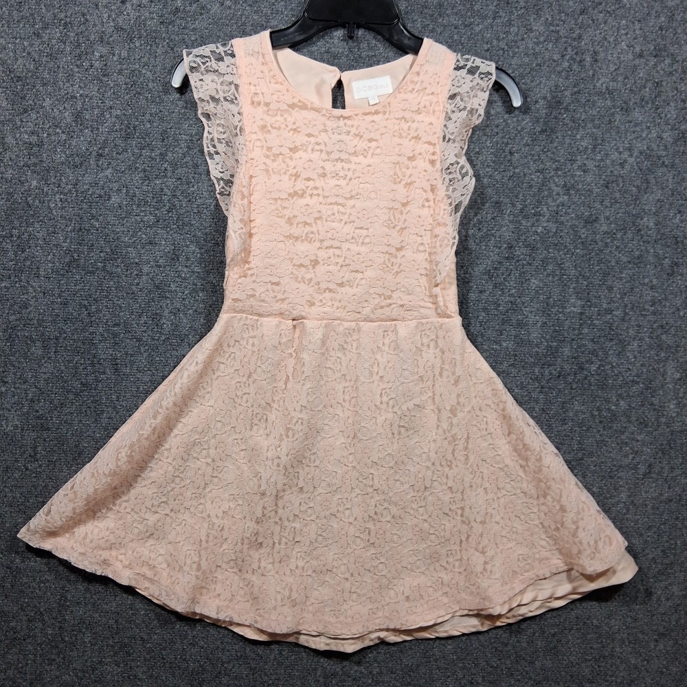 BCBG Girls Peach Pink Floral Lace Fit & Flare Party Dress Size 14 Flutter Sleeve